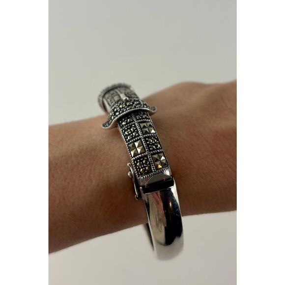 Judith Jack Sterling Marcasite Buckle Bracelet Vintage JJ Logo Silver Clasp - Picture 3 of 7